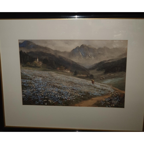 54 - A 19th Century over painted Print by John MacWhirter of an Alpine scene with flowers in the foregrou... 