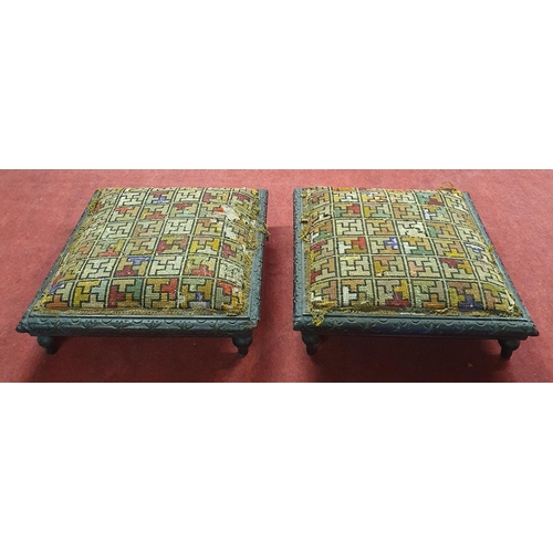 130 - A good pair of 19th Century square Stools with tapestry style upholstered tops on turned supports.