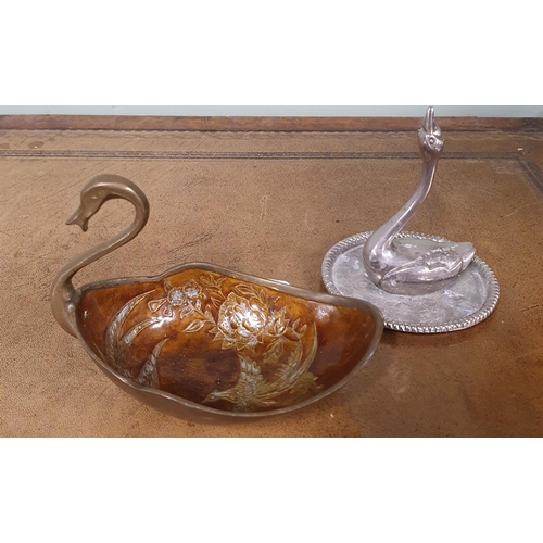 170 - A good Silver Plated Ring Holder depicting a swan sitting on a tray and a brass and enamel dish in t... 