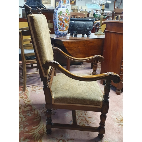 220 - A Fabulous 19th Century Walnut Hall Chair with tapestry upholstered seat and back with carved arms a... 