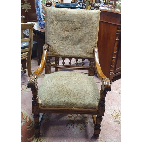 220 - A Fabulous 19th Century Walnut Hall Chair with tapestry upholstered seat and back with carved arms a... 