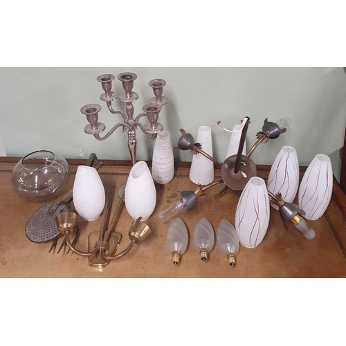 215 - A quantity of Shades and Lights to include a silver painted candelabra.