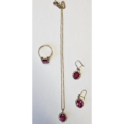 372A - A 9ct Gold and gem set set to include a 9ct gold Ring, size R1/2, Pendant and pair of Earrings.