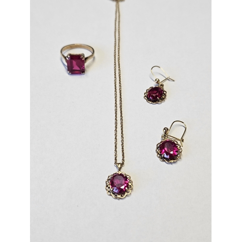 372A - A 9ct Gold and gem set set to include a 9ct gold Ring, size R1/2, Pendant and pair of Earrings.