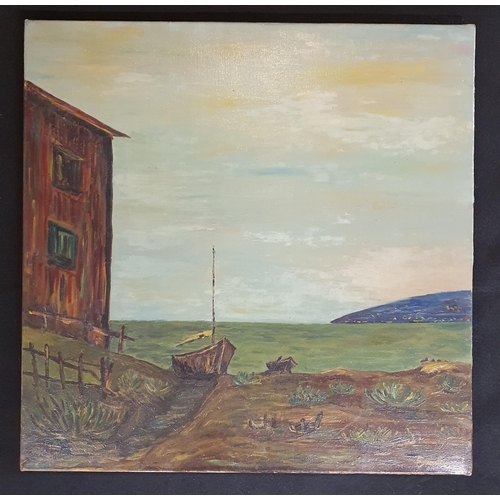 462 - An early 20th Century Oil on Canvas of a moored fishing boat beside an estuary. Indistinctly signed ... 