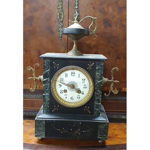 457 - A 19th Century black Slate Mantel Clock with green marble insert and urn shaped top. W 26 x H 38 cm ... 