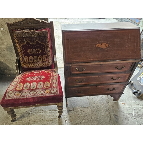 447 - An Edwardian Mahogany and inlaid Bureau along with an early 20th Century Chair.