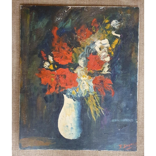 481 - A late 19th early 20th Century Oil on Canvas abstract still life of roses in a vase. Signed Doupouy ... 