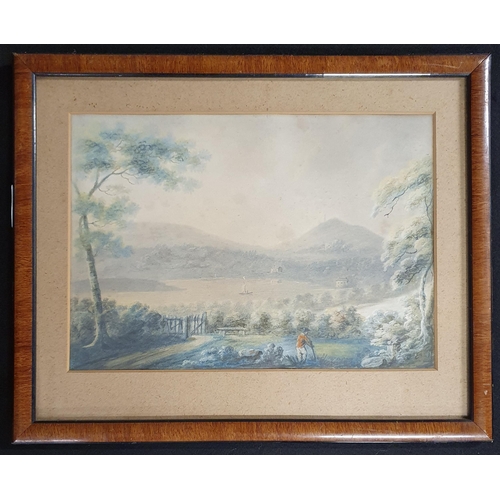 479 - A 19th Century possibly 18th Century Watercolour of a man in a field looking out towards and estuary... 