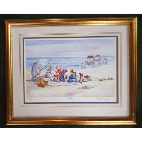 79 - A good set of Faye Whittaker coloured Prints, 'Picnicking, Shrimping, Sandcastles & Meeting the Beac... 