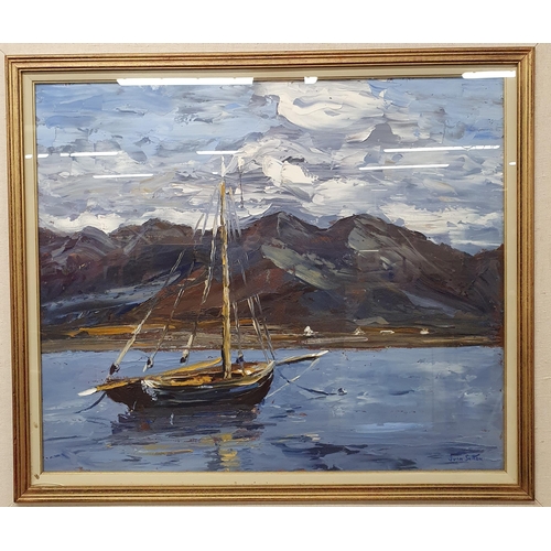 46 - Ivan Sutton B1944. Oil on Board of a Boat in an Estuary setting, Galway Hooker Moored off Roundstone... 