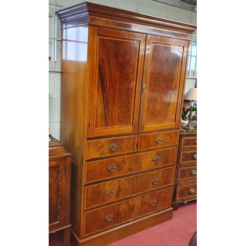 106 - An Edwardian and Mahogany Inlaid Gentleman's Wardrobe with twin door top above a bank of graduated d... 