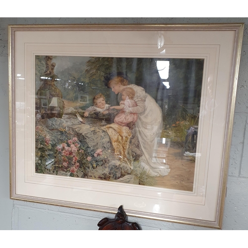 121 - An original 19th Century Pears Print of a woman playing with two children at a pond. Well framed. 72... 