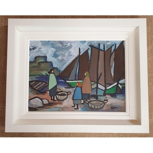 17 - James Ryan, Irish Oil on Board 'Waiting on the catch' Oil on Board signed lower right with frame siz... 