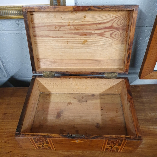 227 - A 19th Century Walnut and Parquetry Box along with a print of a young girl and a swan and a smaller ... 