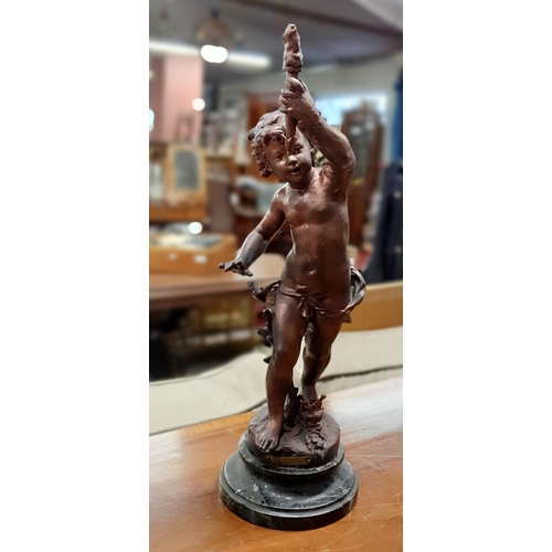 286 - A 19th Century Marley style Metal Horse along with a Metal Putti on a marble base.
H 34 x W 38 cm ap... 