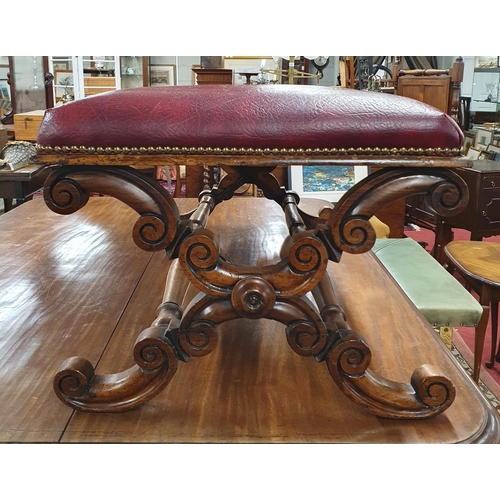 309 - An extremely large Mahogany rectangular Stool with highly carved X-framed ends and burgundy upholste... 