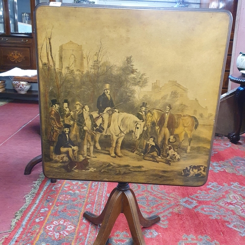 349 - A 20th Century square Side Table on quatrefoil base with transfer decorated top depicting a picture ... 