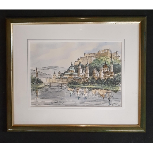 521 - A 20th Century Watercolour and pen and Ink of Salzburg, indistinctly signed lower right.