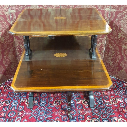 625 - An Edwardian Mahogany and Inlaid two tier Sutherland Table with shell inlay top.
H 75 x W 58 x D 24 ... 