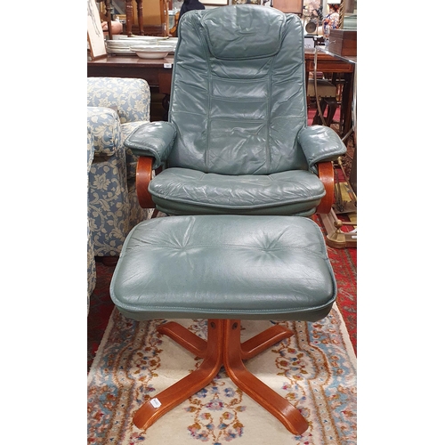 510 - A mid Century Retro swivel Chair with green leather upholstery along with a stool. SH 45 x W 79 x D ... 