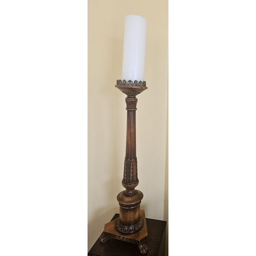 59 - A Good Metal Urn Shaped Table Lamp with shade along with a pricket stand. H74 x D 40 cm approx.