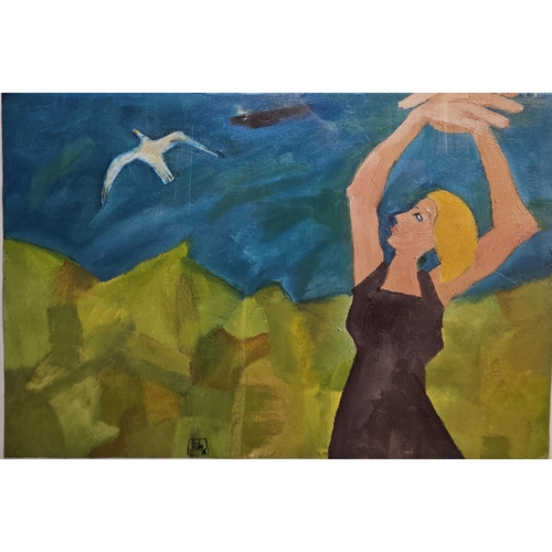 602 - Nick Miller b1962. Oil on Paper signed in the middle 'Woman and Bird' dated 1986. Inscribed verso Ni... 