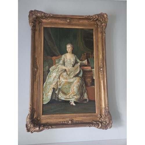 74 - A large Oil on Canvas of a beautiful Woman in a period dress in a large Gilt Frame. 89 x 54 cm appro... 