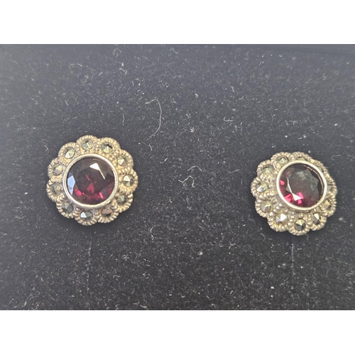 429 - A pair of Silver, Marcasite and Ruby Earrings.