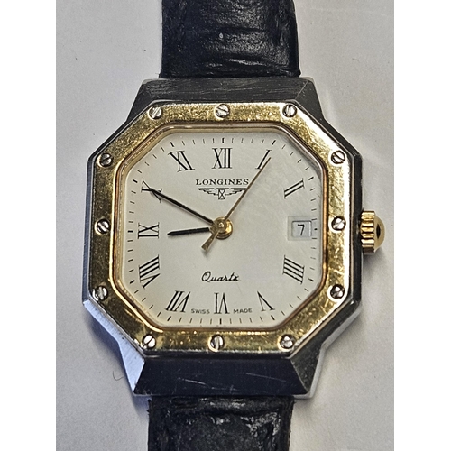 439 - A Longines bio Metal ladies Watch with leather strap, keeping good time according to the owner.