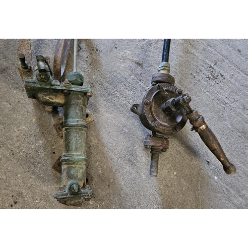 1095 - Two vintage hand Pumps along with two pairs of jump Leads and four 19th Century and later meat platt... 