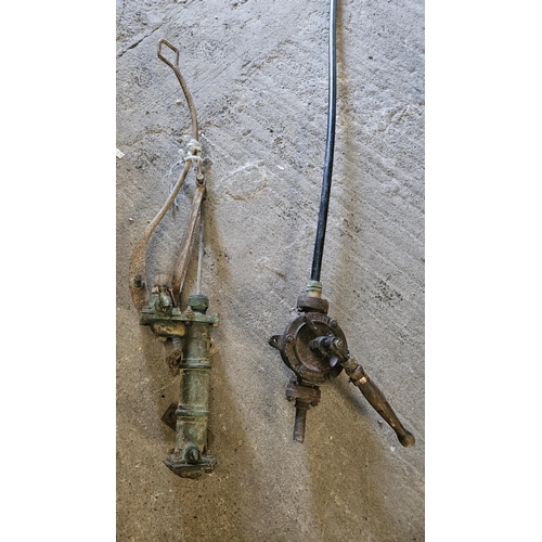 1095 - Two vintage hand Pumps along with two pairs of jump Leads and four 19th Century and later meat platt... 