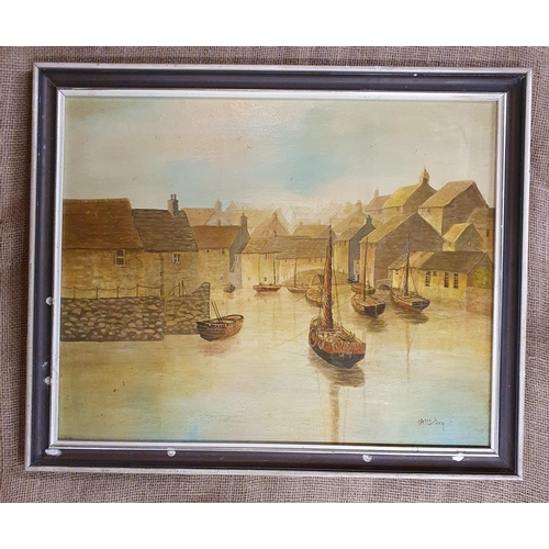 501A - Andrew J McCarthy. A 20th Century Oil on Board of moored boats beside a quay. Signed LR. 44 x 54 cm ... 