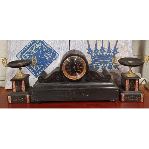 127 - A good 19th Century black slate Garniture consisting of a central clock flanked by two urn shaped ga... 