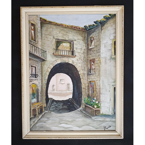 319 - A 20th Century Oil On Board of a village scene looking through an arch. Signed J. Humble lower right... 