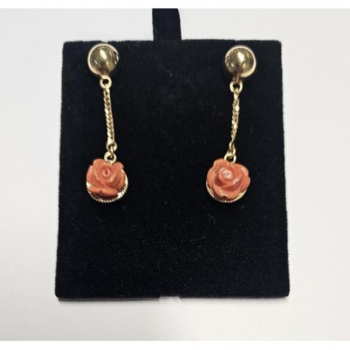 400 - A pair of 18ct Gold and Coral drop Earrings.