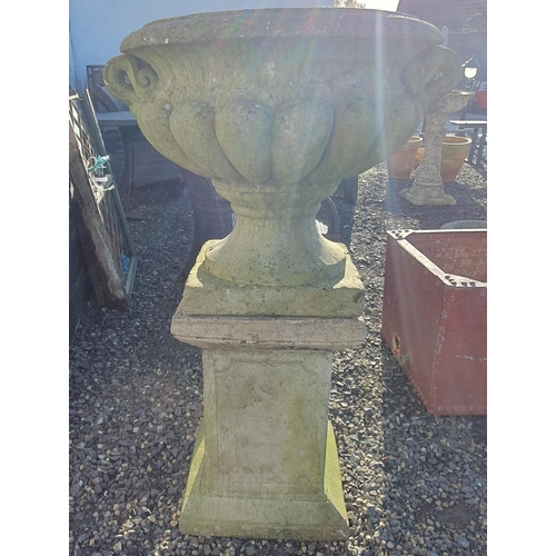 1065 - Two extremely large garden Urns on stands with twin lifting handles.
H 120 x  D 70 cm approx.