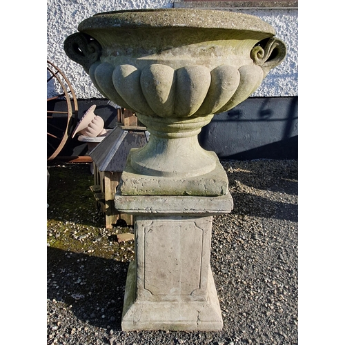 1065 - Two extremely large garden Urns on stands with twin lifting handles.
H 120 x  D 70 cm approx.