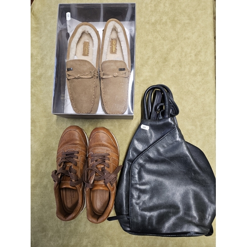 162 - A pair of Paul Costello Slippers, a pair of Ralph Lauren Polo Shoes along with a Jobis Handbag.