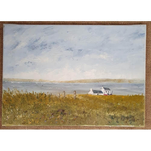 222 - K Laurence. An Oil on Canvas of houses beside an estuary. Signed LR and unframed. 
30 x 43 cm approx... 