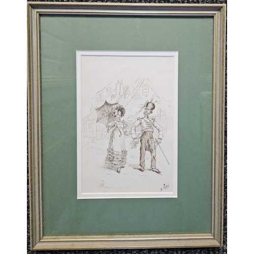 562 - B Cooke British. A 19th Century Pen and Ink Caricature of a military man courting a woman, signed lo... 