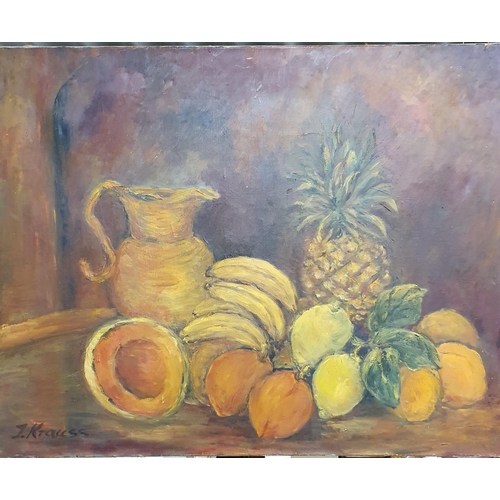 920 - A large Oil on Canvas still life of fruit on a table setting. Signed LL J Krauss, along with a small... 