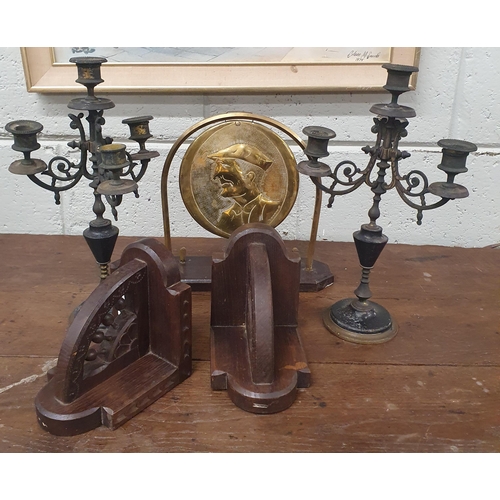 1283 - A good pair of Timber Book ends along with a pair of Candelabra and a Brass Gong.