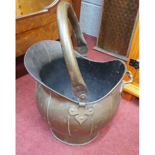 1333 - A 19th Century Brass Coal scuttle along with a 19th Century warming Pan. 
Pan - H 99, scuttle D 30 x... 