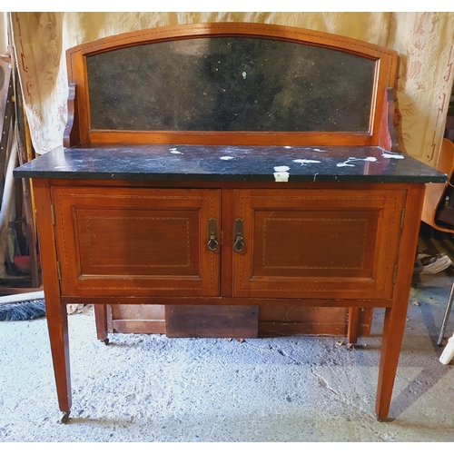 1421 - An Edwardian Mahogany marble topped Table with gallery back along with four Edwardian Mahogany Chair... 