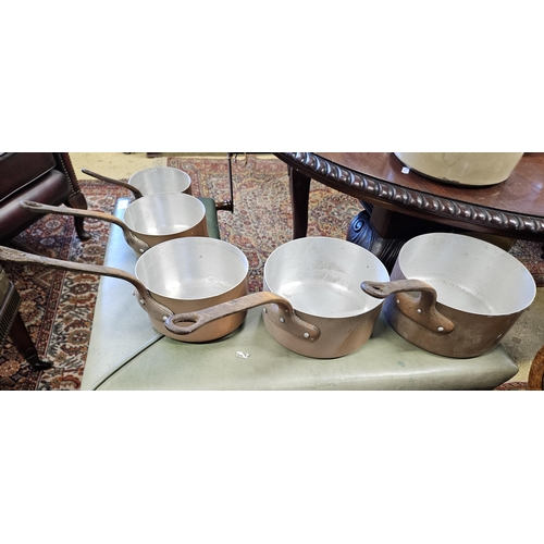 195 - A good graduated set of Copper Saucepans with cast iron handles.
H 10 x D 20 cm approx.