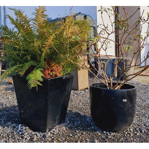 1395 - Two Black Ceramic Pots.
H 47 x 40 x 40 cm approx.