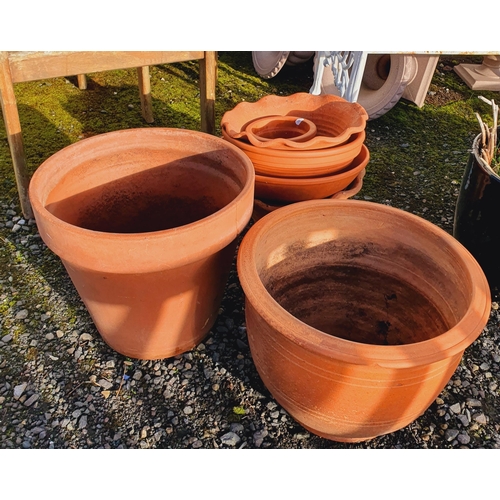 1410 - A good group of Terracotta Pots and a white Planter. Largest  H 35 x D 39 cm approx.