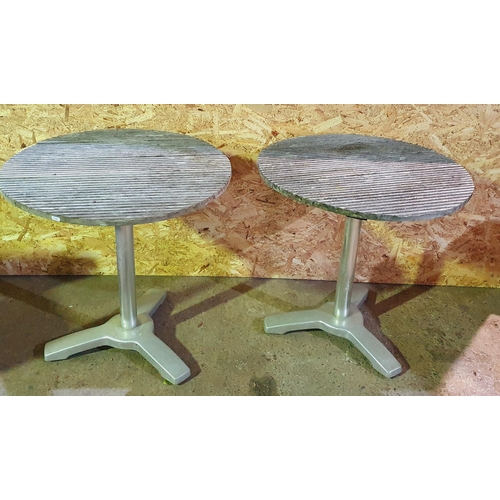 1419 - Two Steel pub Tables with timber tops along with a set of patio chairs.  H 70 x D 70 cm approx.