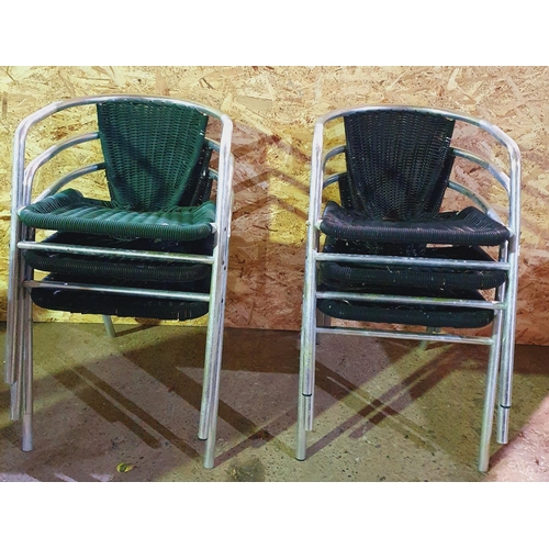 1419 - Two Steel pub Tables with timber tops along with a set of patio chairs.  H 70 x D 70 cm approx.